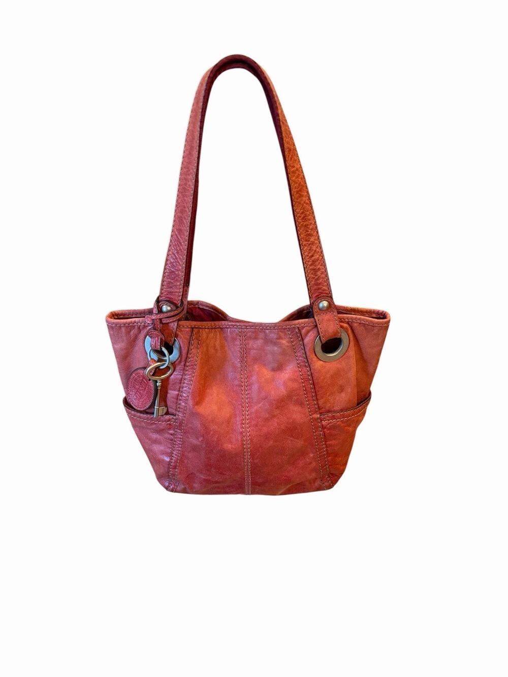 Fossil Vintage Red Soft Leather Purse Shoulder Bag Tote Double Handled Key